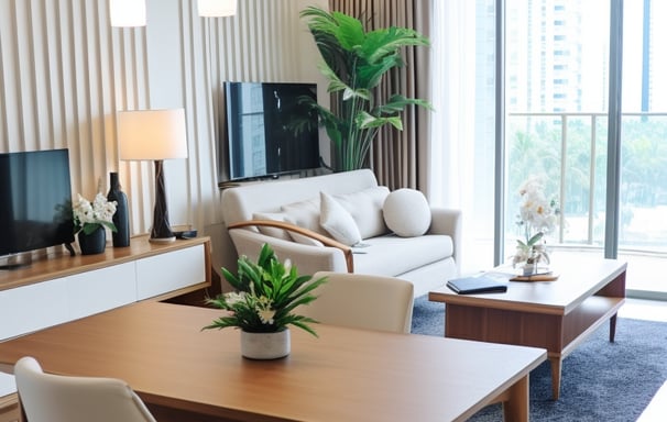 A modern hotel room with a pool and a view of the city skyline.