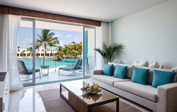 Living room with pool and ocean view, featuring cozy furniture and large windows for natural light.