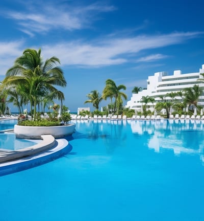 1. A serene swimming pool surrounded by palm trees and white buildings, perfect for a relaxing getaway.