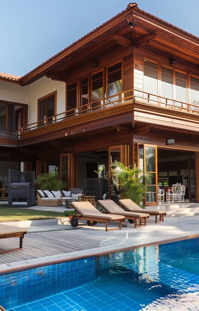 Luxury beachfront wooden house with a private pool and sun loungers set against a backdrop of tall palms in Bali.