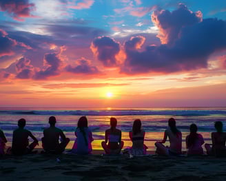 Vibrant high-definition image of friends enjoying a majestic sunset at Seminyak Beach, Bali, with silhouettes reflecting warm