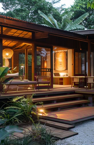 Stylish minimalist wooden bungalow with a cozy front porch surrounded by Bali's lush tropical plants.
