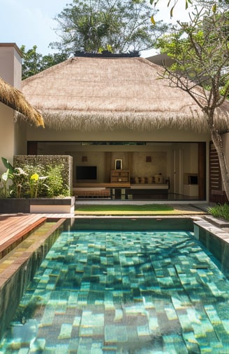 Private pool villa with thatched roofing and wooden patio surrounded by lush tropical plants in Bali.