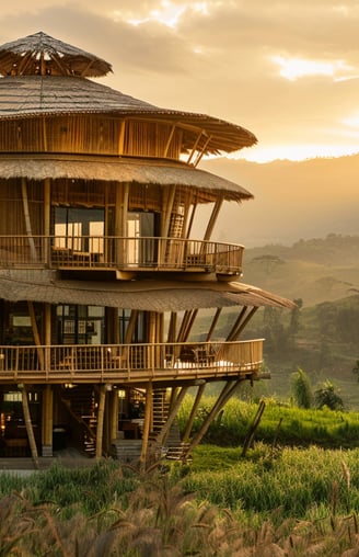Sustainable bamboo eco-lodge with thatched roofing in a rustic setting during sunset in Bali.