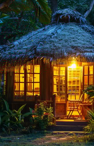 Warmly lit tropical wooden hut with thatched roofing nestled in a vibrant garden during the evening in Bali.
