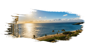 A serene ocean scene with the sun setting in the background, casting a warm glow over the water