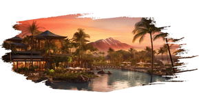 A tropical resort with palm trees and mountains in the background.