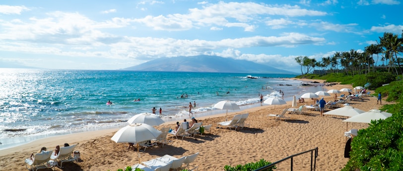 Beach scene with colorful umbrellas and lounge chairs lined up on the sandy shore, inviting relaxation and enjoyment by the sea.