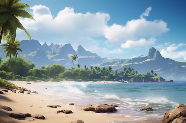 a beach scene with a palm tree and a mountain in the background a beach scene with a palm tree and a mountain in the background