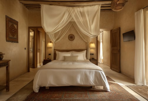 creative depiction of a bedroom in a villa rental in Tunisia, near the Sahara Desert creative depiction of a bedroom in a villa rental in Tunisia, near the Sahara Desert