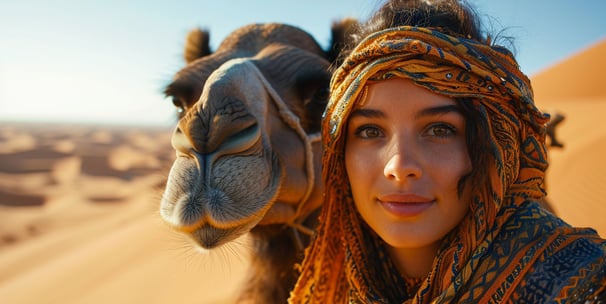a woman in a colorful scarf with a camel a woman in a colorful scarf with a camel
