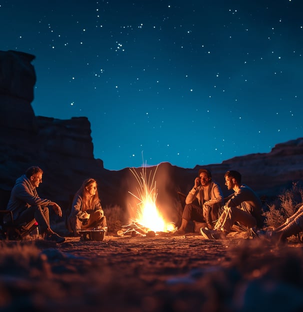 a group of people sitting around a campfire in the desert a group of people sitting around a campfire in the desert