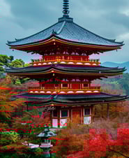 Autumnal Serenity at Kyoto's Red Pagoda with City Backdrop