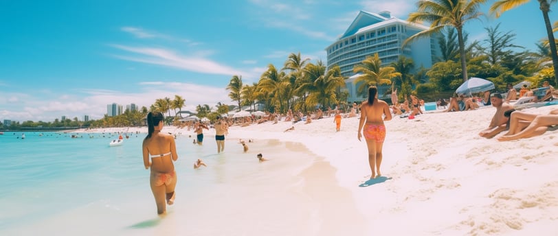 People strolling on sandy beach in front of a hotel, under clear blue sky