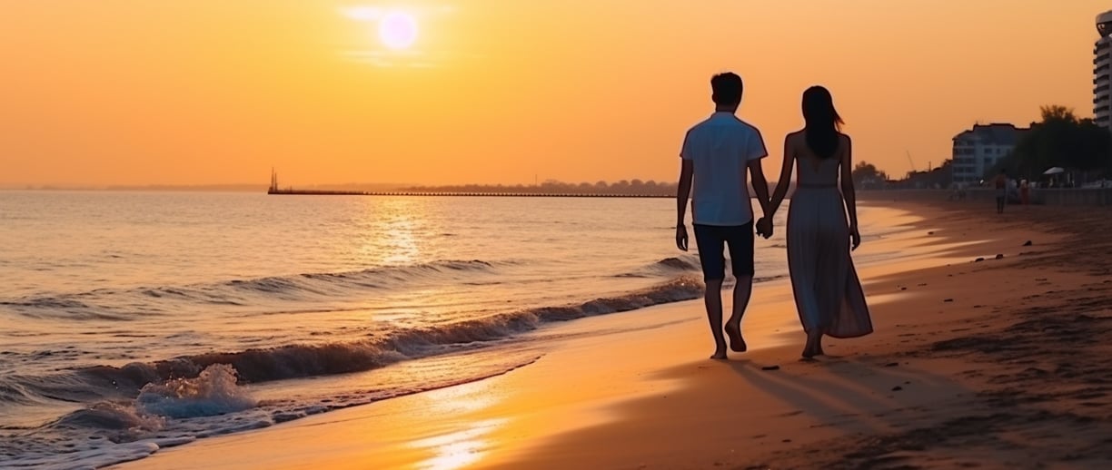 A couple walking along the beach in Jomtien during the early morning.