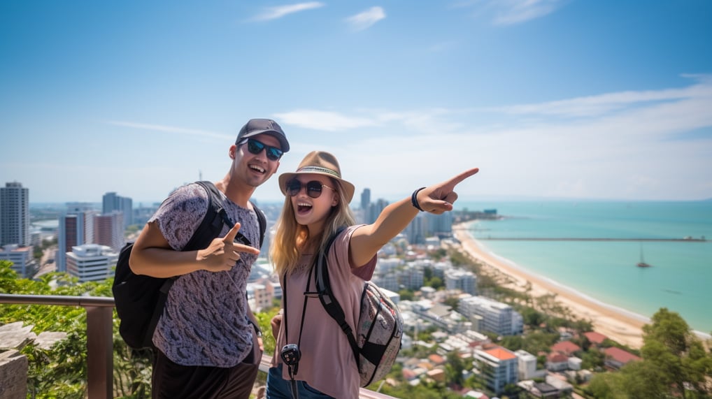 Pattaya tourists posing for a selfie by the Sign Viewpoint.