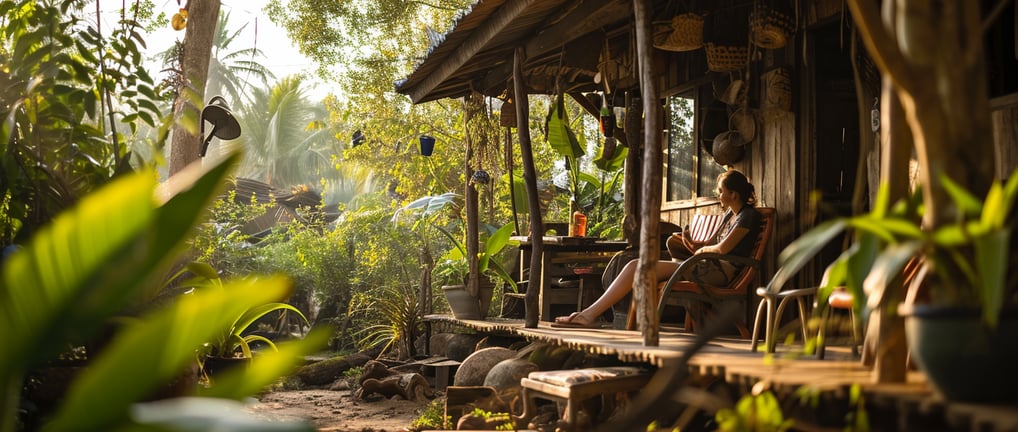 a backpacker settling down at an eco-lodge in Jomtien during the afternoon.