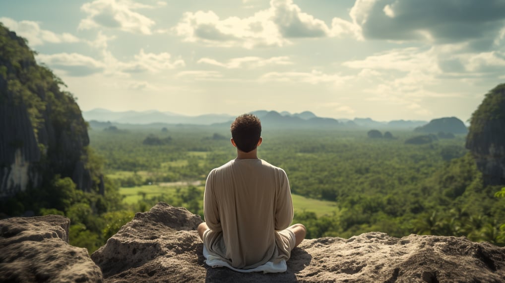 A tourist meditating at the foot of Khao Chi Chan in Thailand..