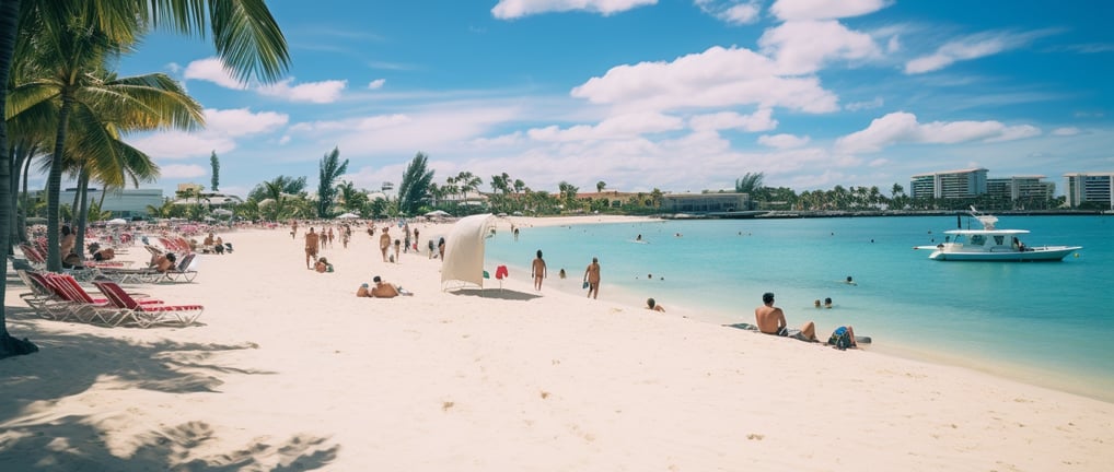 tourists sunbathing in Nassau beach in the Bahamas at high noon.