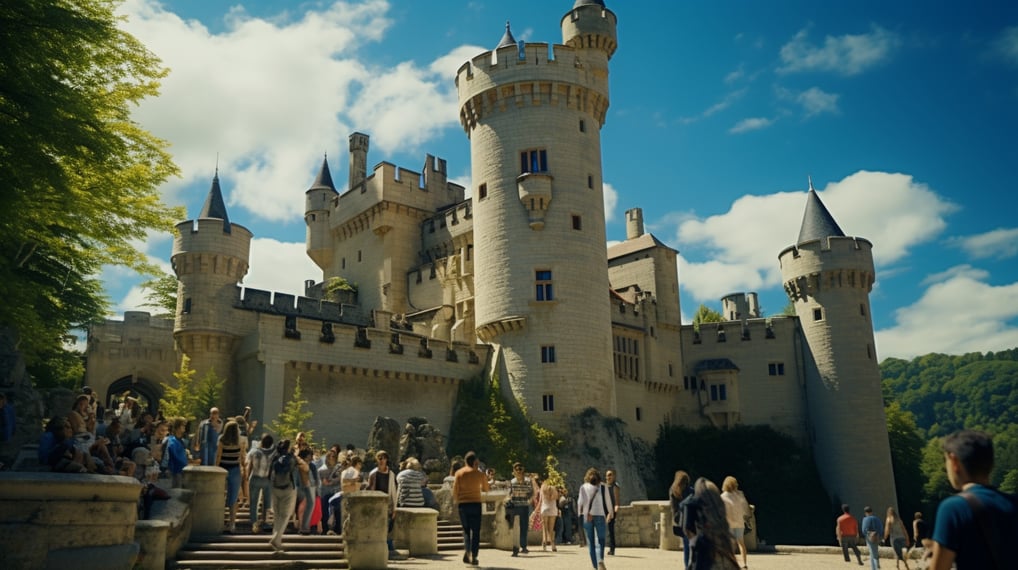 Tourists exploring a European castle Tourists exploring a European castle