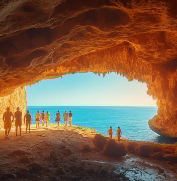 A group of people walks towards the opening of a sea cave, with sunlight illuminating the interior and a view of the ocean and blue sky visible outside.