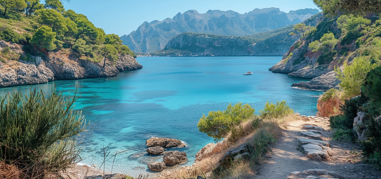 body of water with trees and mountains in the background