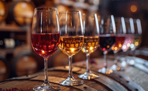 A row of wine glasses with different colored wines stands on a wooden barrel; wine barrels are visible in the blurred background.