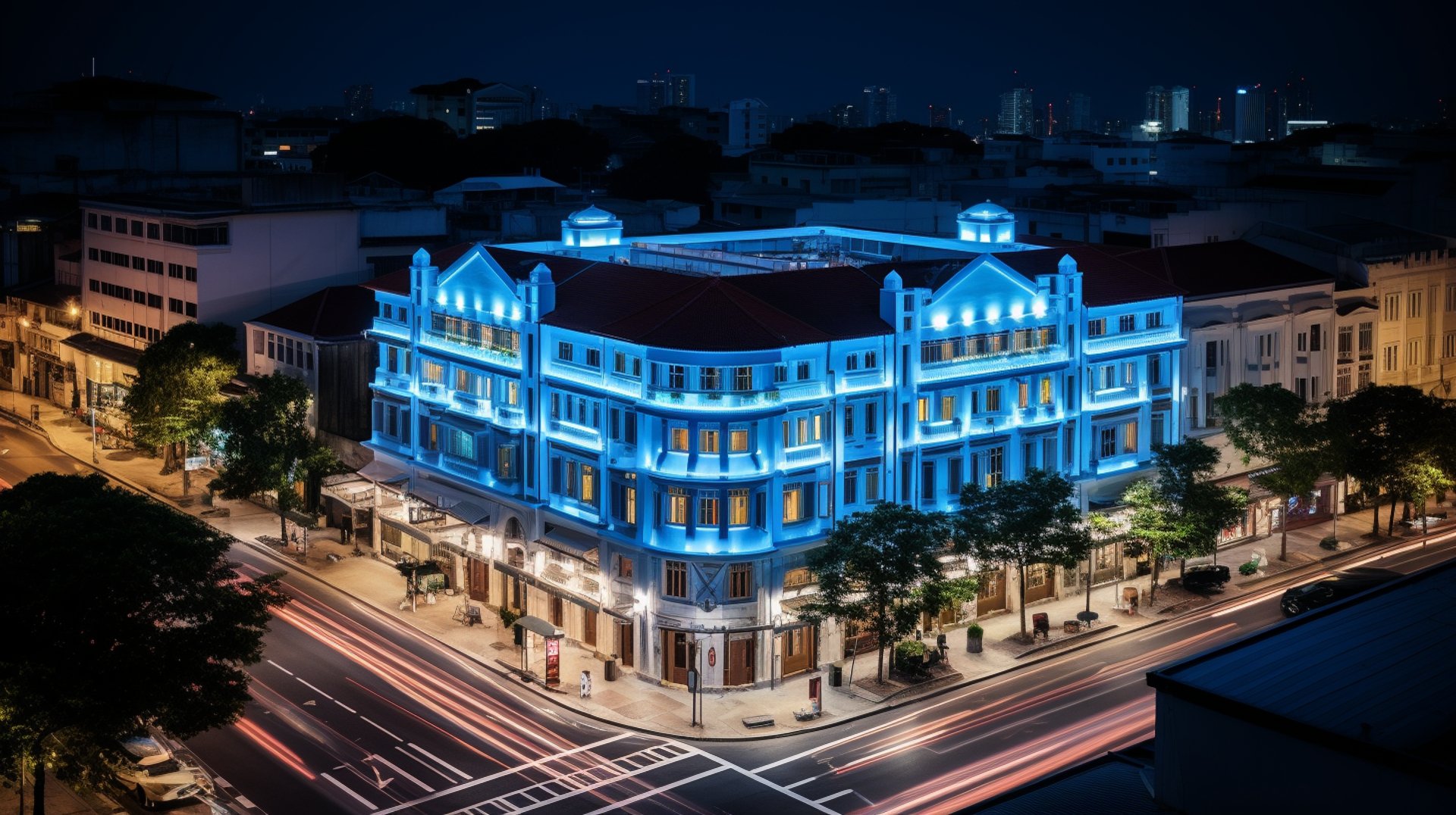 Blue illuminated building at night