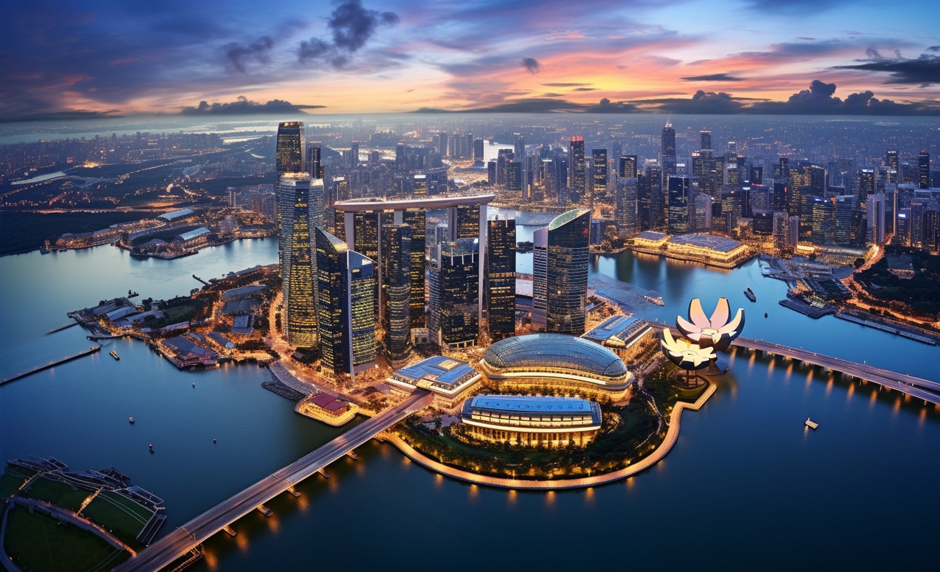 A stunning sunset over the Singapore city skyline, with vibrant colors and reflections in the water