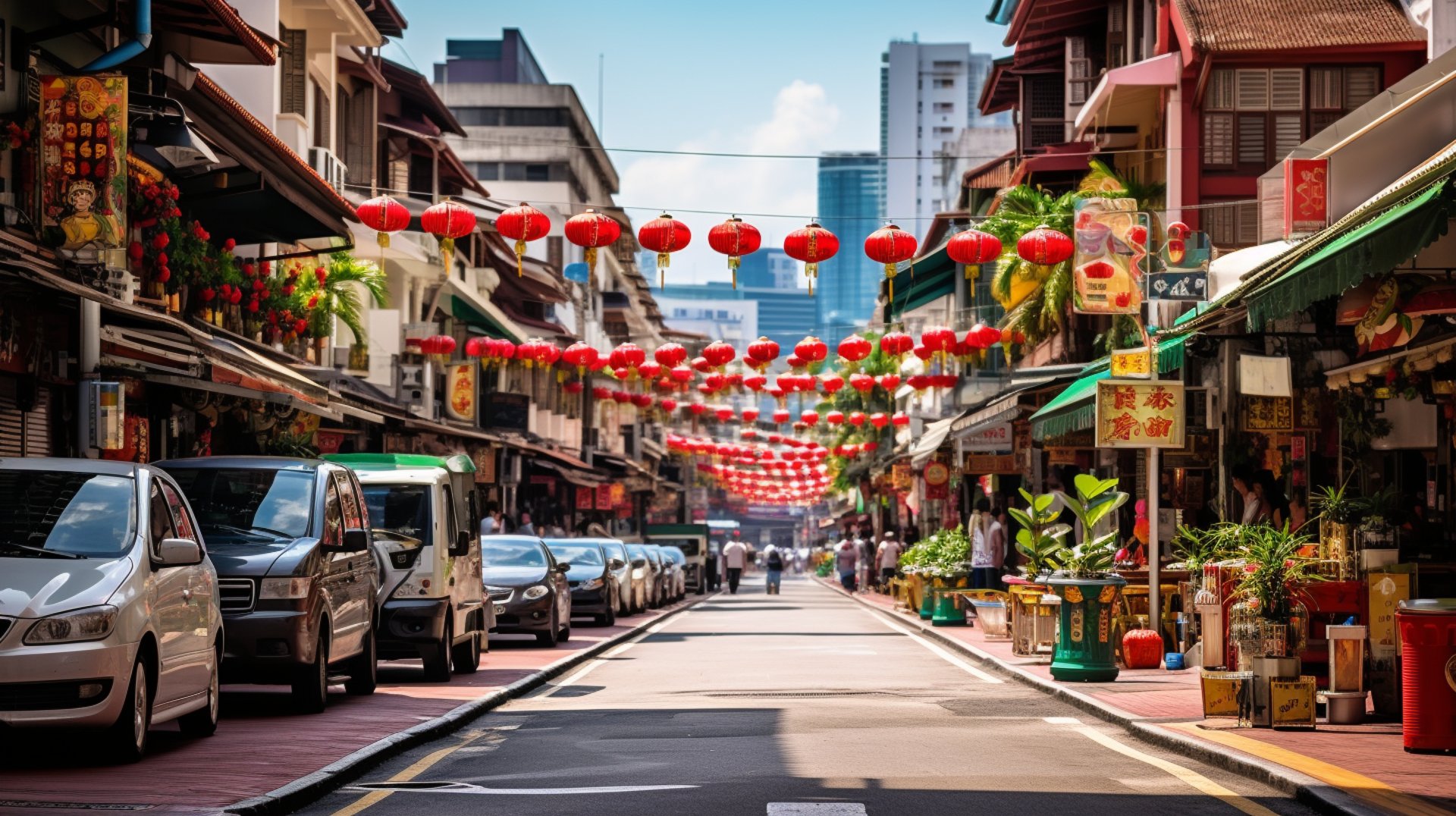Urban street scene with cars and red lanterns adorning the buildings