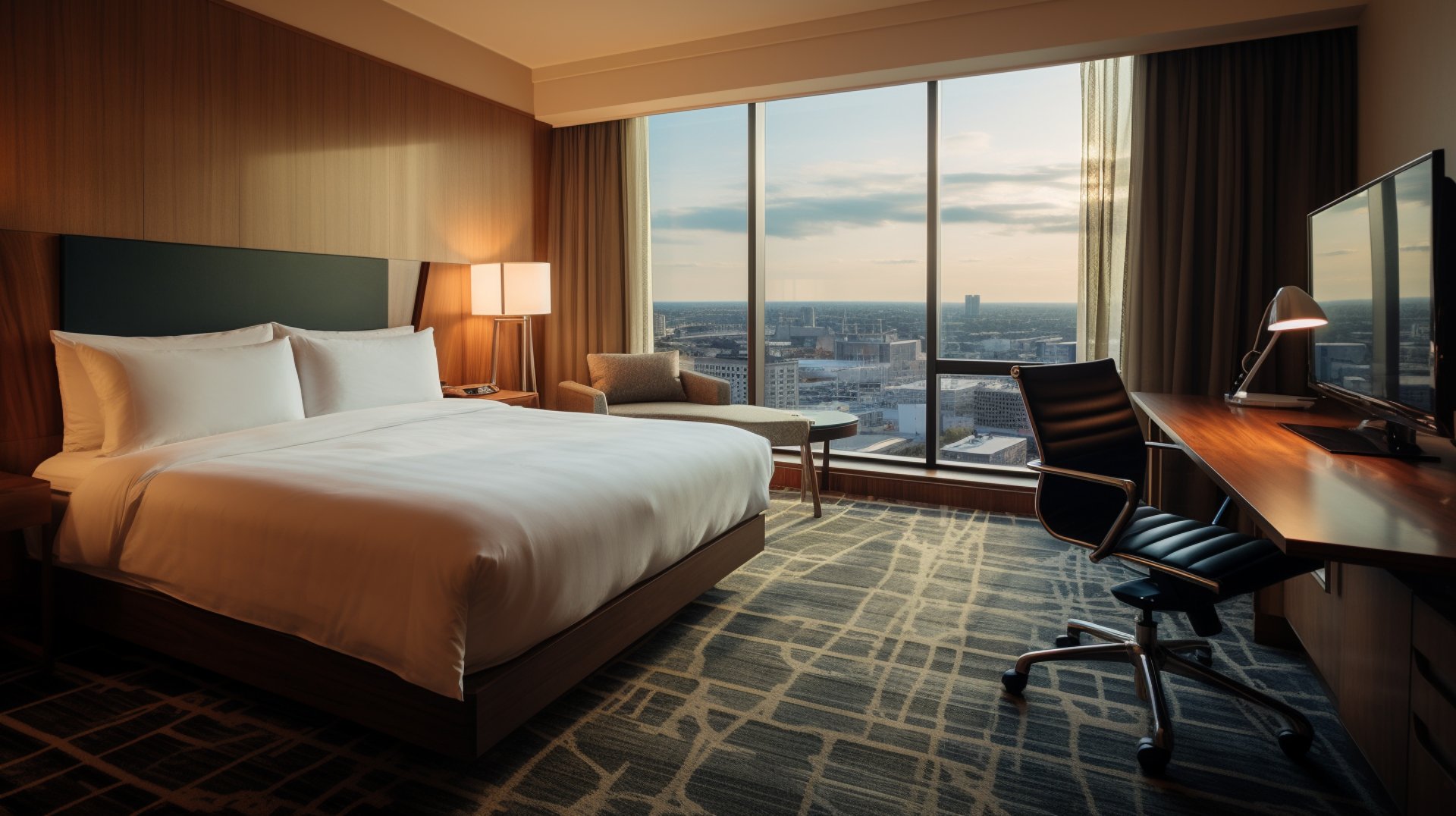 A room in a hotel with a bed, a desk, and a window providing natural light