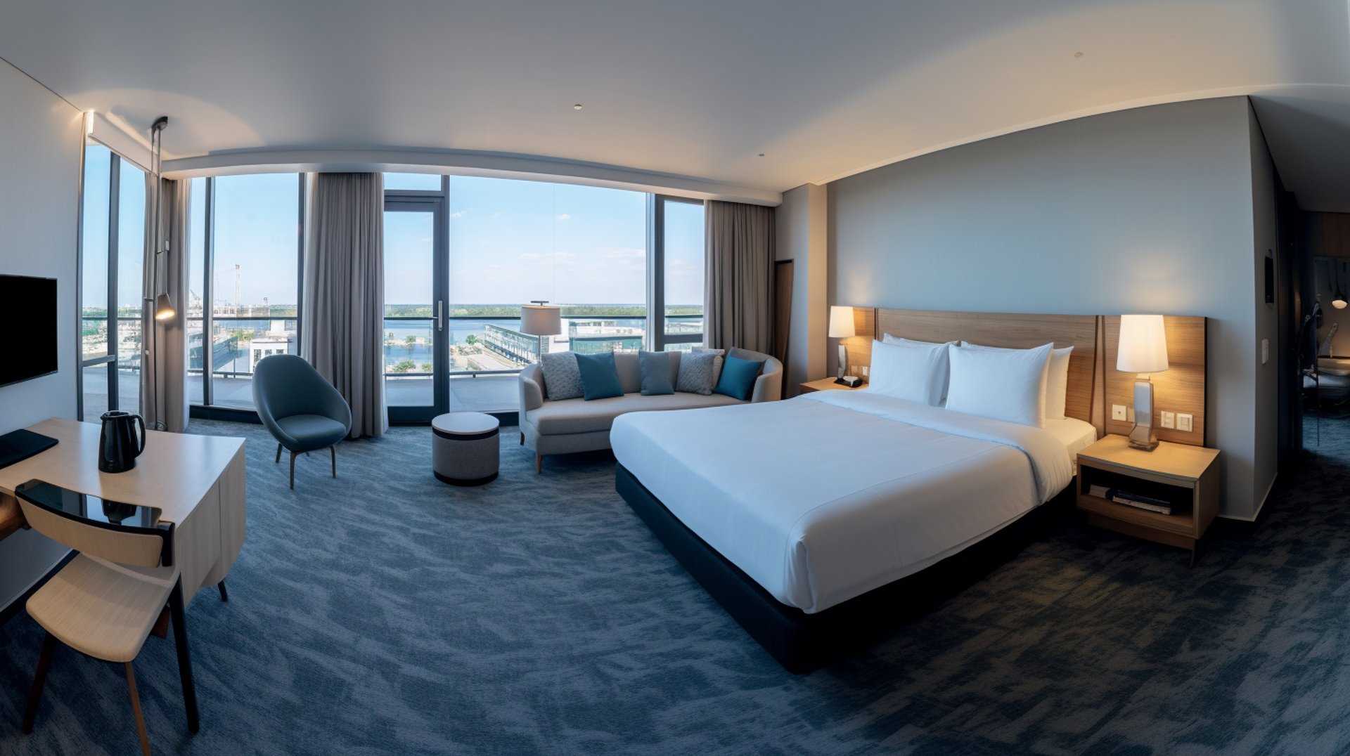 A spacious hotel room with a waterfront view