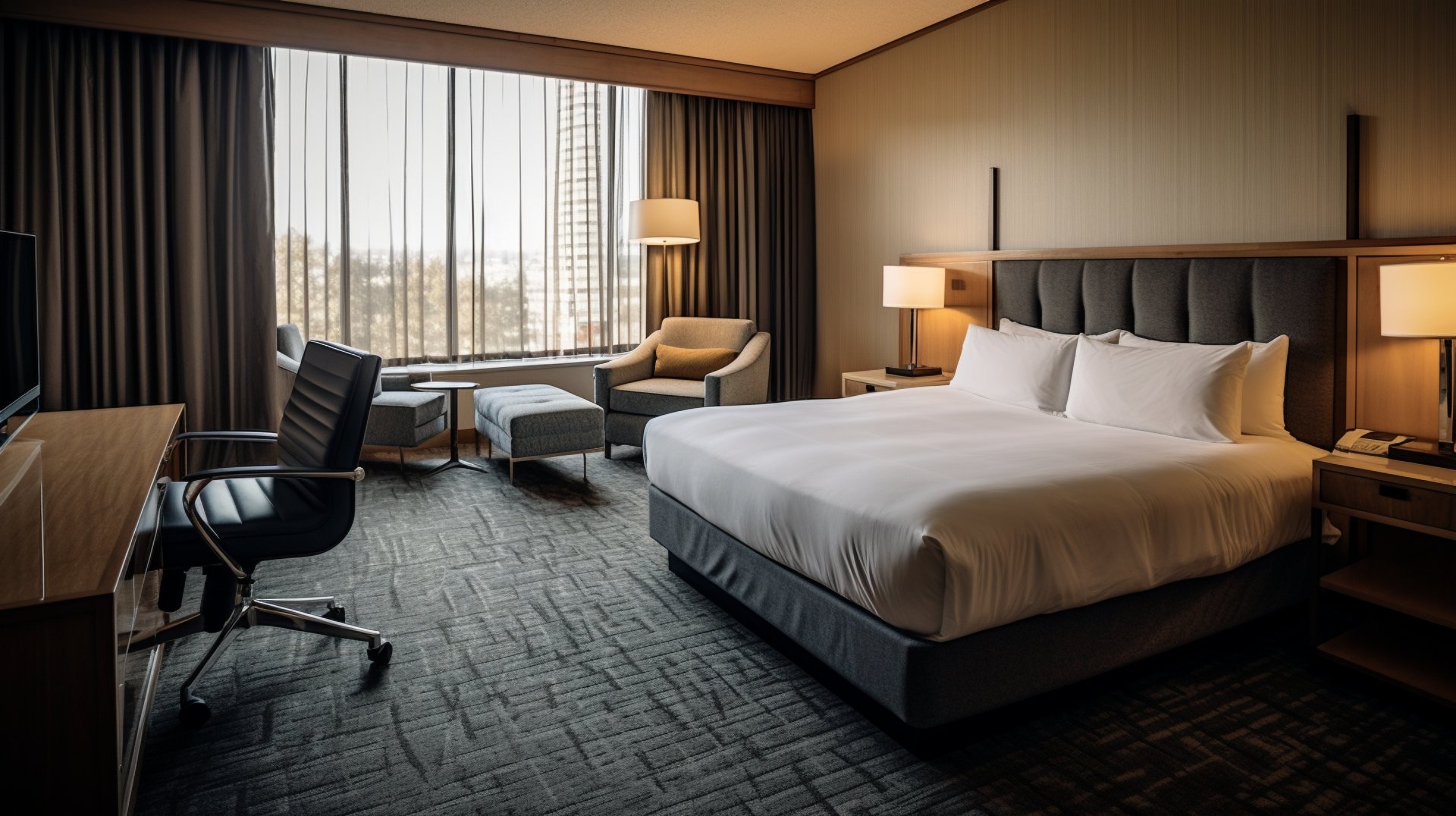 A well-appointed hotel room with a bed, desk, chair, and window providing natural light and a view