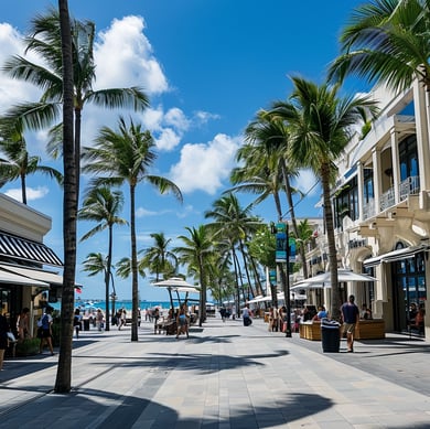 A street scene with palm trees and people walking on the sidewalk in fort lauderdale, florida A street scene with palm trees and people walking on the sidewalk in fort lauderdale, florida