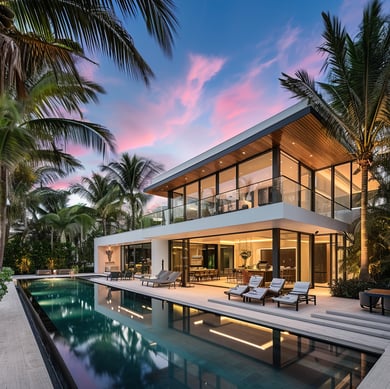 A two-story house with a pool surrounded by palm trees in hollywood beach, florida A two-story house with a pool surrounded by palm trees in hollywood beach, florida