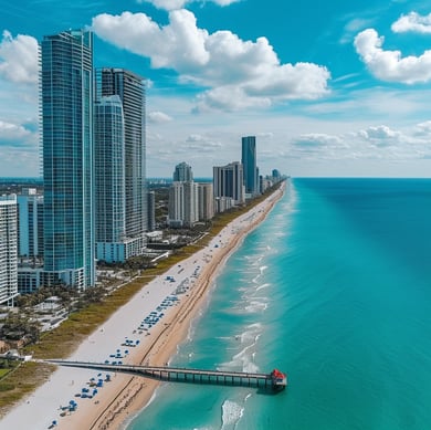 The sunny isles beach pier beside the buildings along the shore The sunny isles beach pier beside the buildings along the shore
