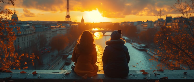 two people sitting on a balcony overlooking the Eiffel tower two people sitting on a balcony overlooking the Eiffel tower