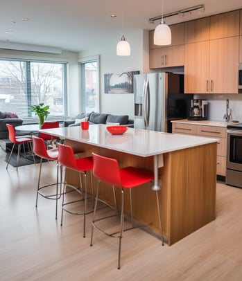 a kitchen with a table and chairs and a vase with flowers