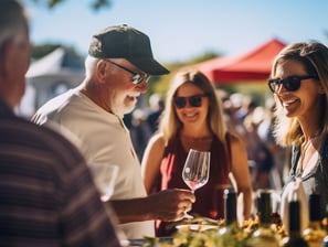 a man and woman are standing in front of a table with wine glasses