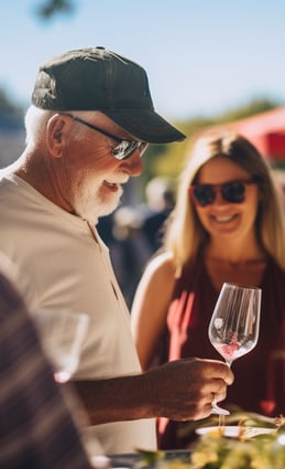 a man and woman are standing in front of a table with wine glasses