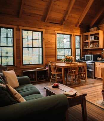 a living room with a fireplace and a couch