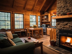 a living room with a fireplace and a couch