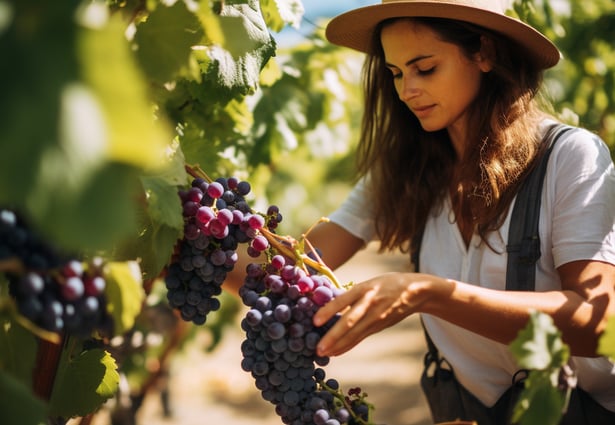 a woman in a hat and a hat on a vineyard