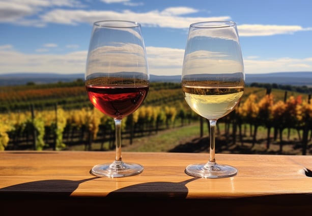two wine glasses with wine on a table