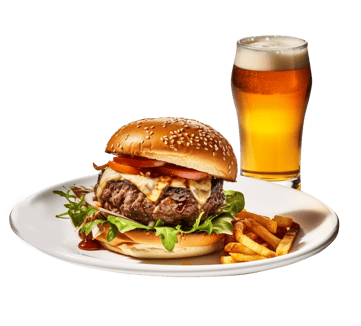 shot of burger and beer on a white plate