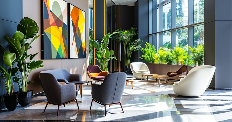 a hotel lobby is decorated for corporate meetings