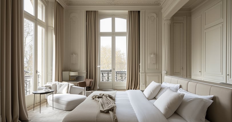 A well decorated room with white bed and tea table at corner