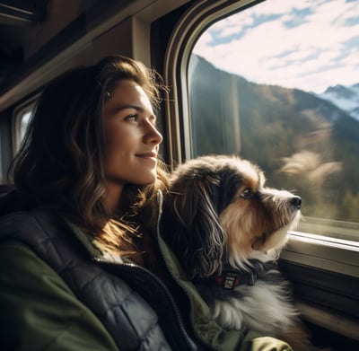 Woman and her dog looking out at the alps from their train window Woman and her dog looking out at the alps from their train window