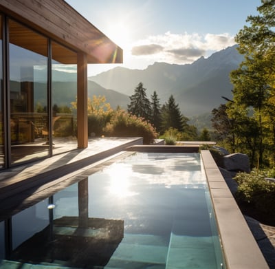 The outdoor pool and deck of a vacation rental in the French Alps The outdoor pool and deck of a vacation rental in the French Alps
