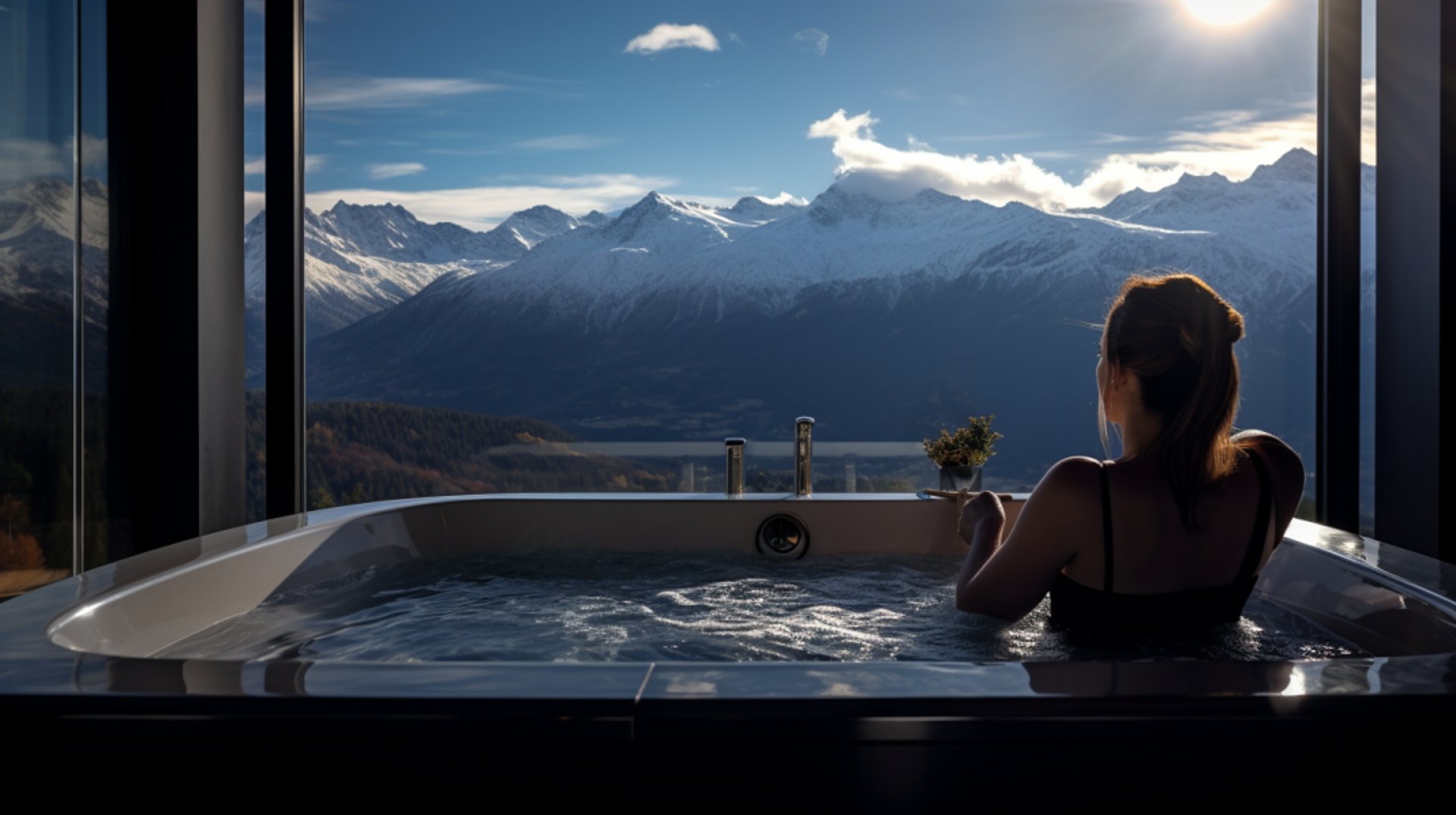 Woman relaxing in jacuzzi tub with scenic mountain view